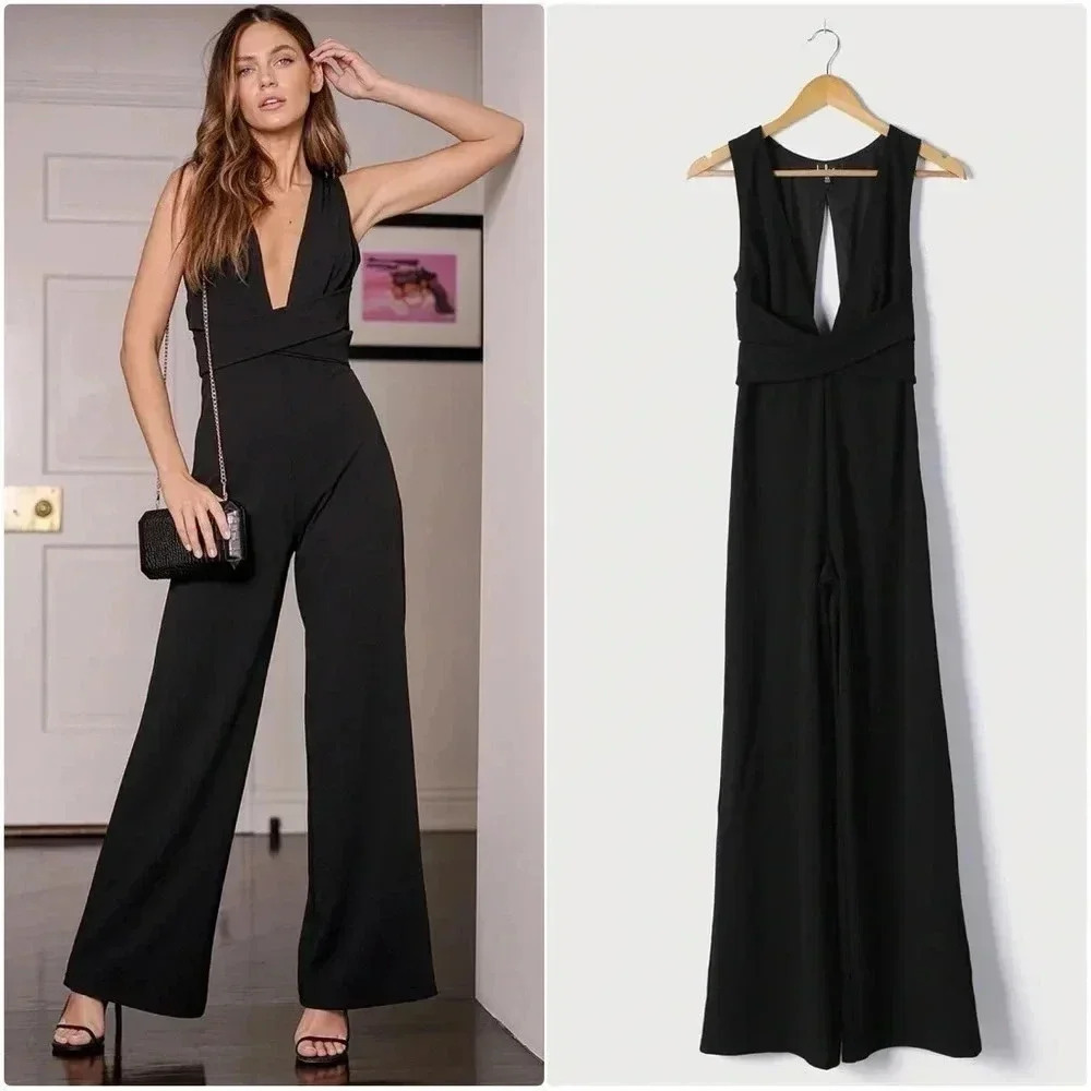 Lulus Make Memories Black Plunge Sleeveless Wide-Leg Jumpsuit Size Small
